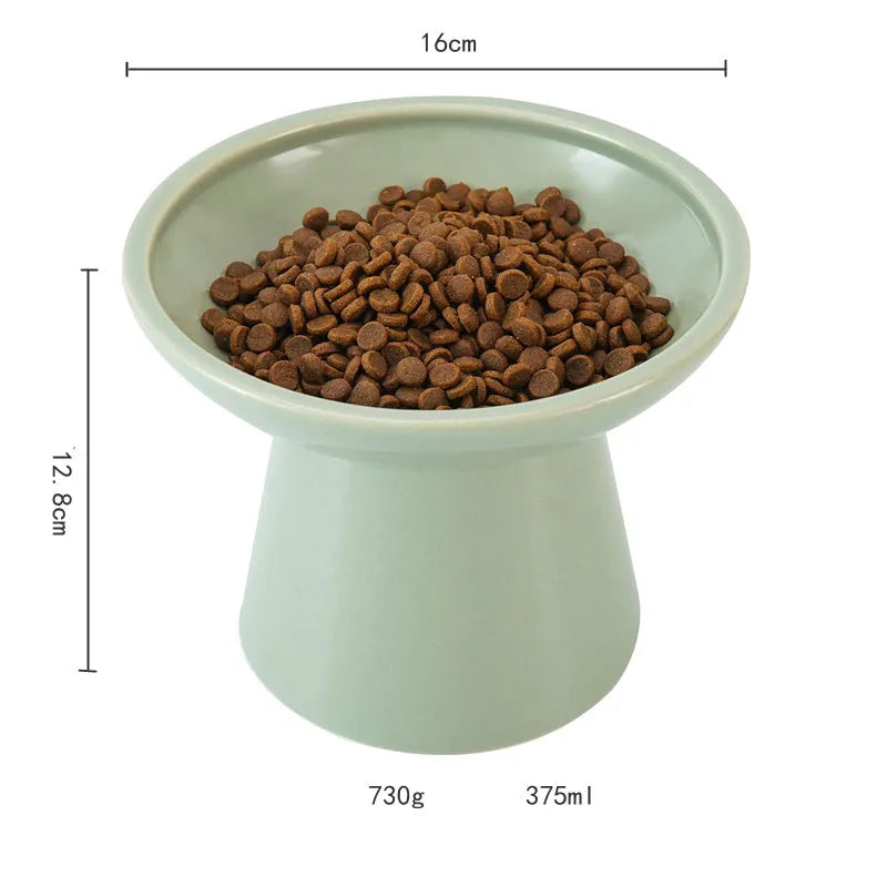Ceramic elevated cat food bowl in blue colour with wide shallow design