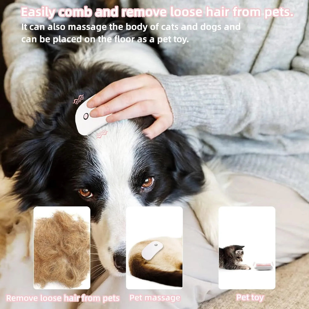 Pink handheld electric pet grooming brush with soft TPE teeth for cats and dogs.