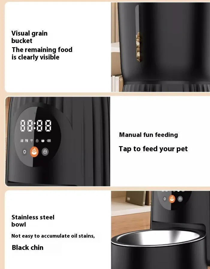 Black and white intelligent pet feeder with automatic timer and USB power cable