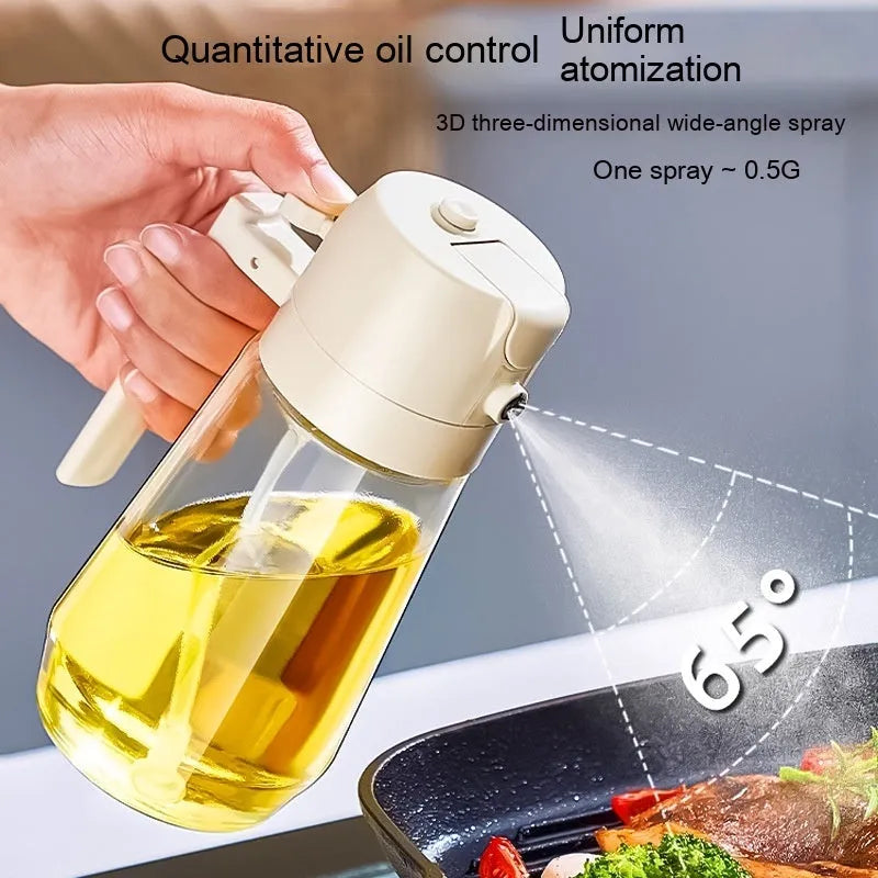 Glass olive oil sprayer bottle with ergonomic handle in beige, showing spray and pour functions.