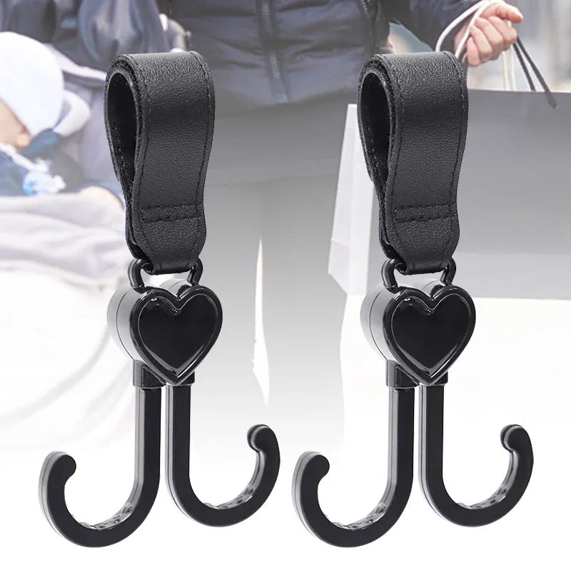 Double hook love hook for baby carriage and electric bike in black leather finish