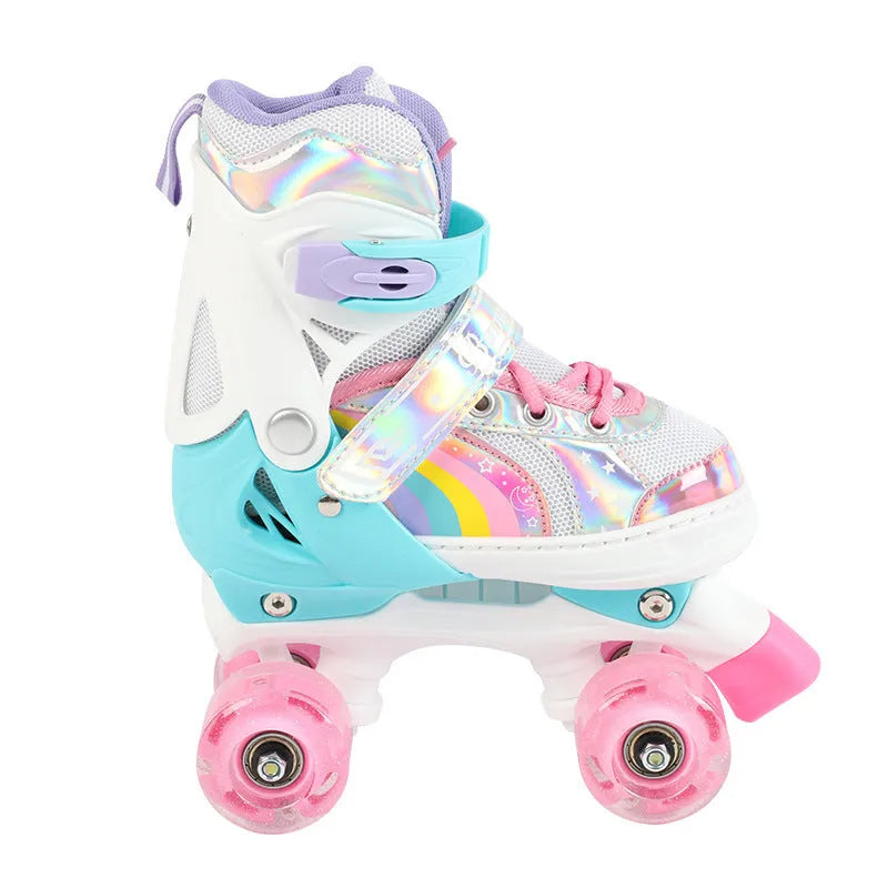 Children's double row four wheel full flash roller skates rainbow blue side view with lit wheels