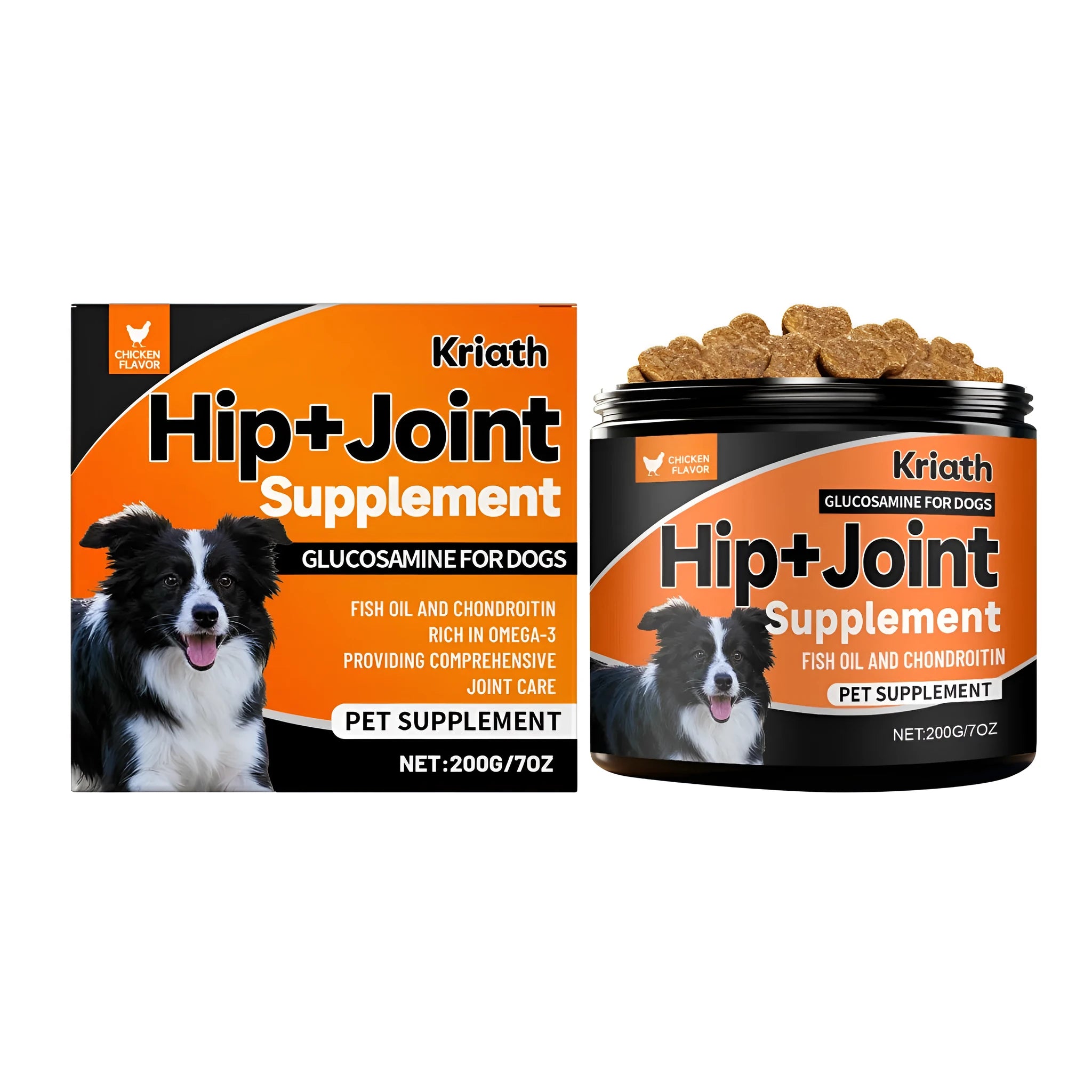 Dog Joint Healthy Soft Granules 200g pack with ingredients list showing Glucosamine and Chondroitin for canine joint care