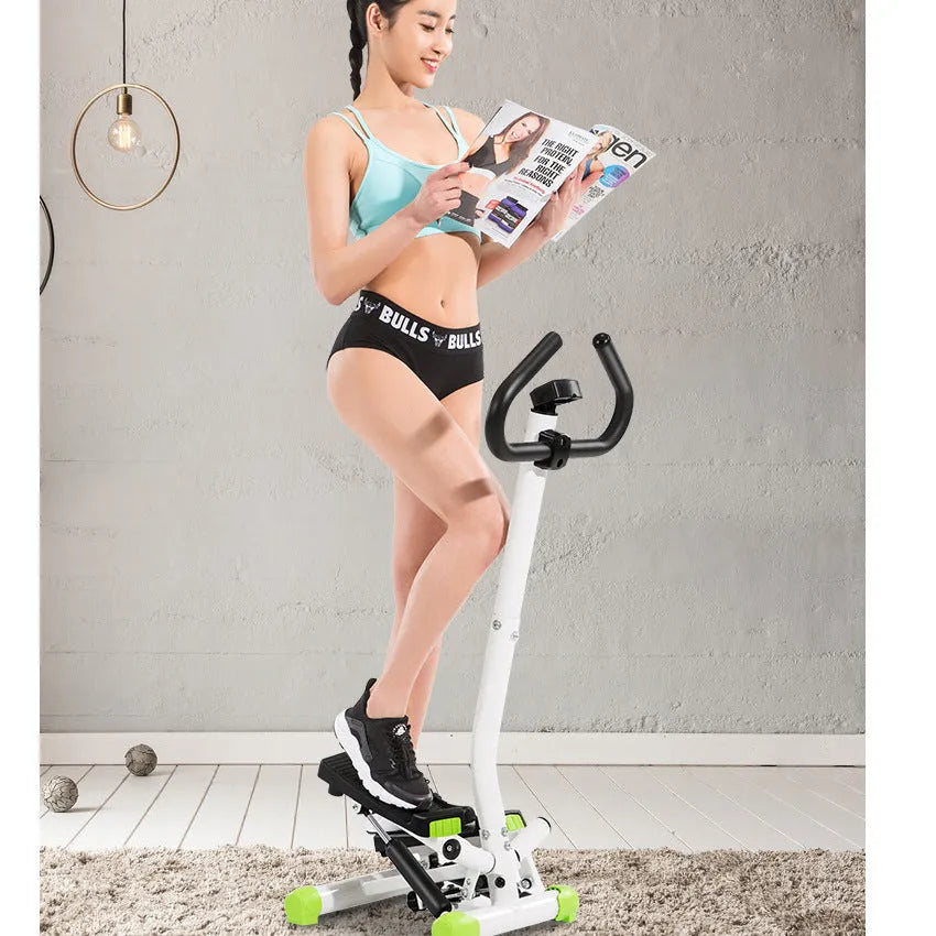 Double super armrest treadmill in green with hydraulic stepping mechanism and electronic display for home gym fitness