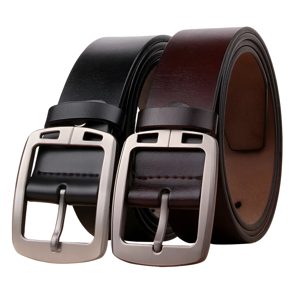 Genuine leather retro men's belt with alloy pin buckle, available in black, coffee, and yellow brown