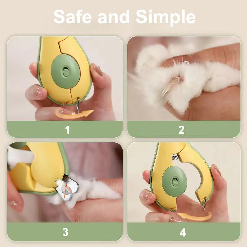 Green pet nail clipper with LED light on, safety guard, and stainless steel blades for small dogs and cats.