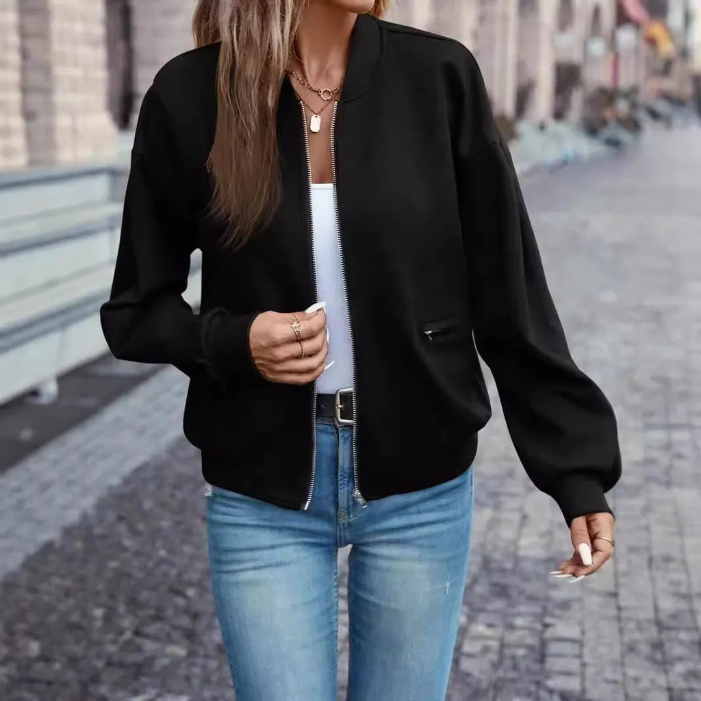 Black women's polyester casual jacket with long sleeves and zip closure
