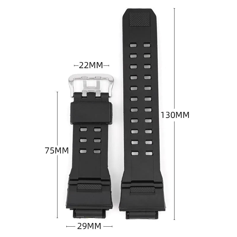 Camouflage patterned TPU resin watch strap with a silver buckle on a grey background.