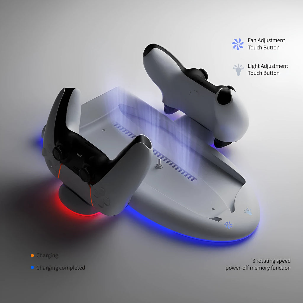 White PS5 Slim multi-function charging base with cooler pad, RGB lights, and charging belt.