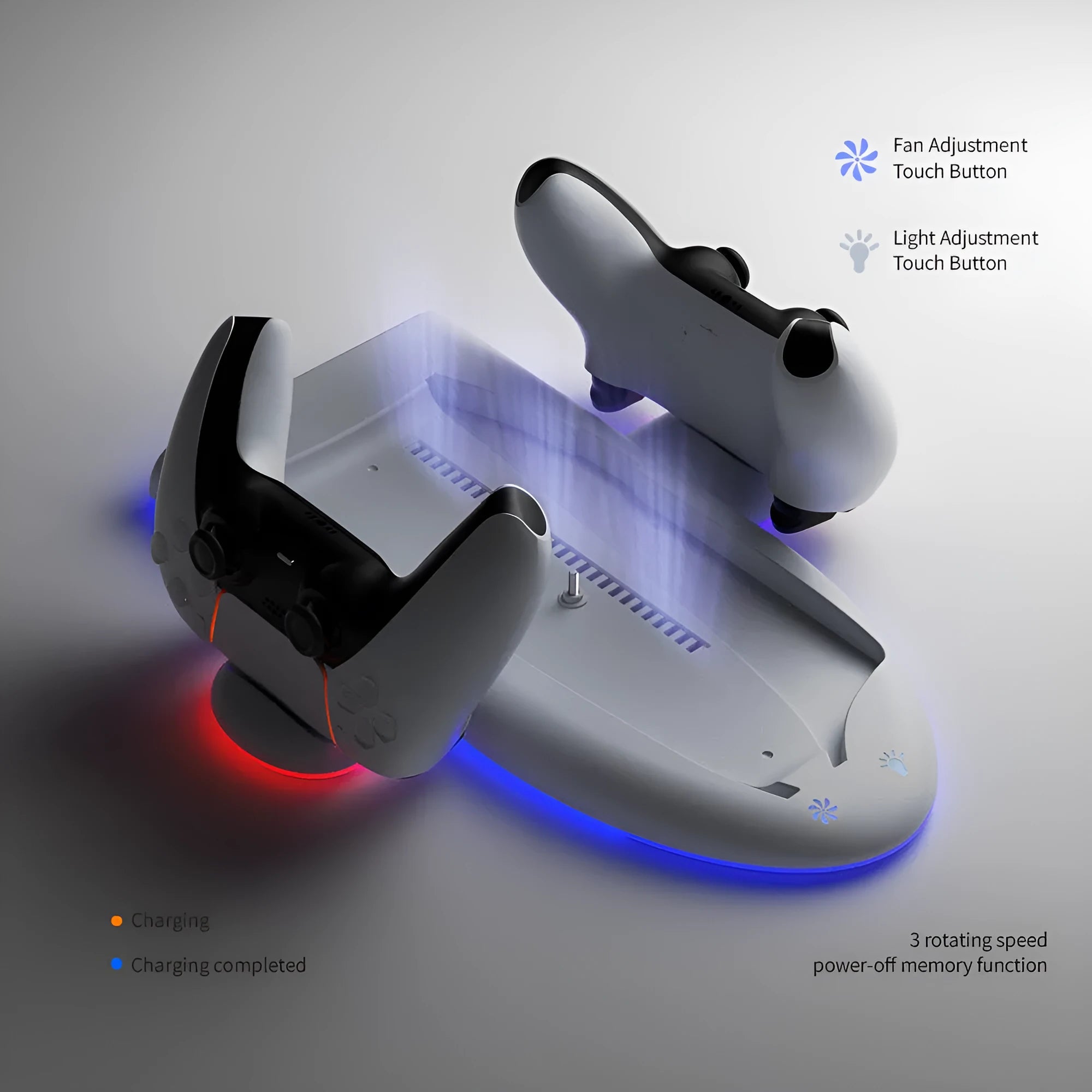 White PS5 Slim multi-function charging base with cooler pad, RGB lights, and charging belt.