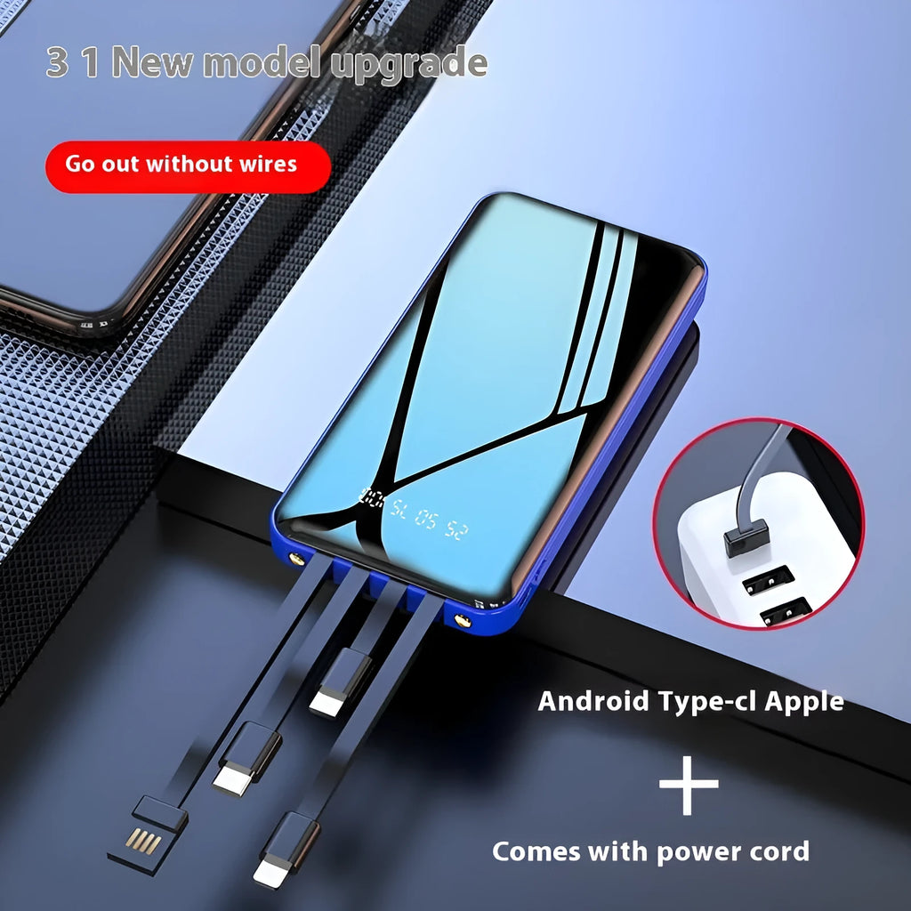 Mini power bank with built-in cable 20000 MA fast charge portable charger plastic shell Business Black