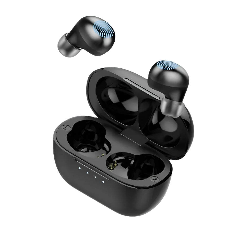Wireless Bluetooth stereo earbud headset in black colour with bilateral design