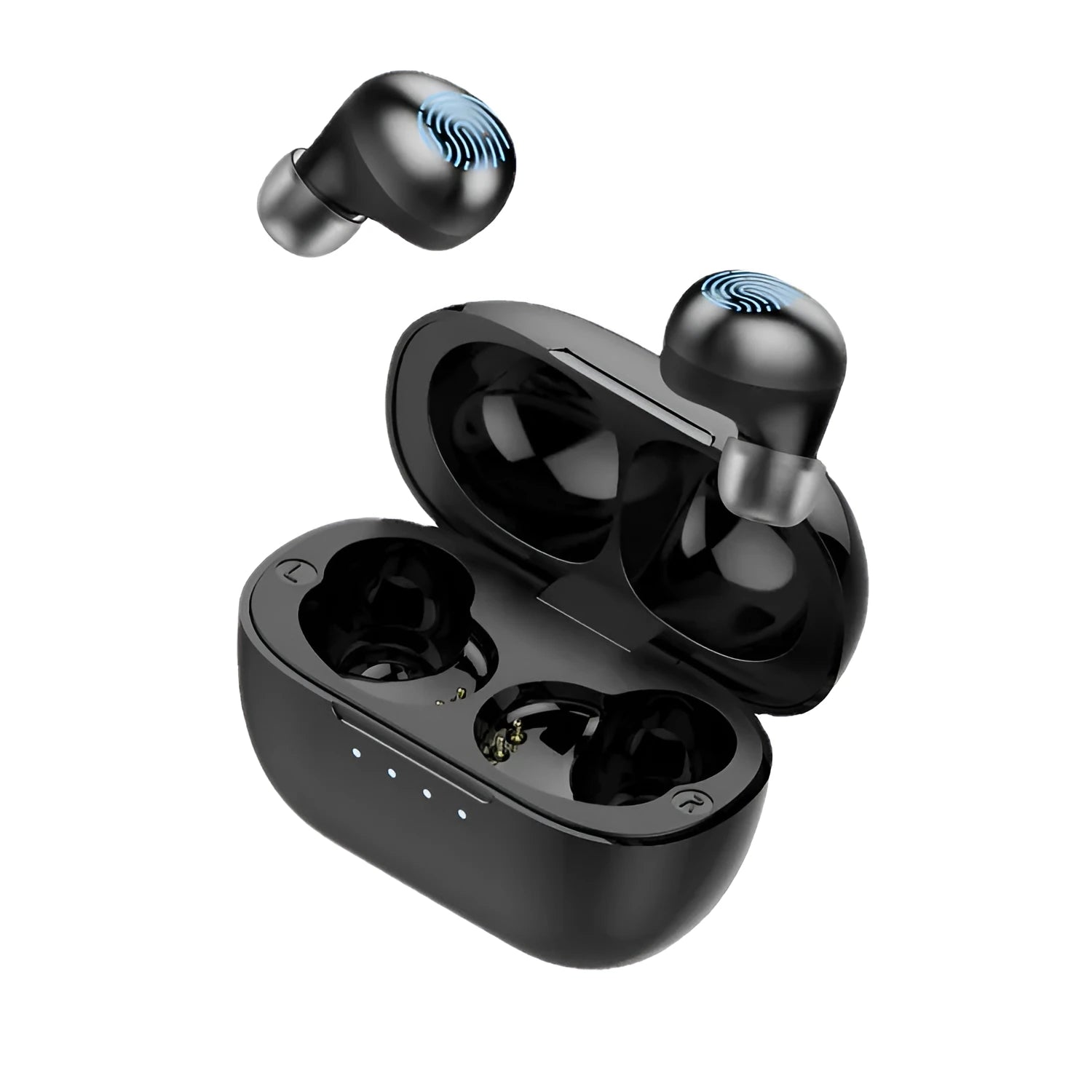 Wireless Bluetooth stereo earbud headset in black colour with bilateral design