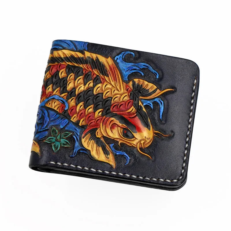 Men's carved cow leather short wallet in blue, showing open foldover design and dimensions.