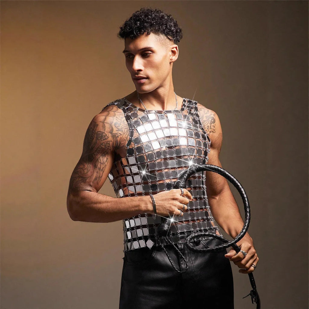 Silver acrylic mirror men's performance costume vest with punk styling and loose fit
