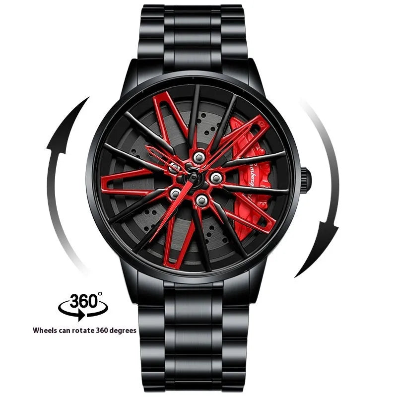 Three-dimensional hollow car inspired forged men's quartz watch with rotating steel belt in all black red colour