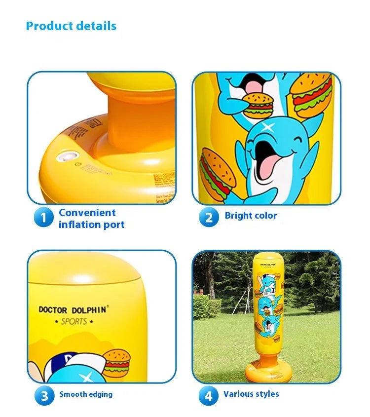 Tall yellow inflatable boxing column standing upright on a floor.