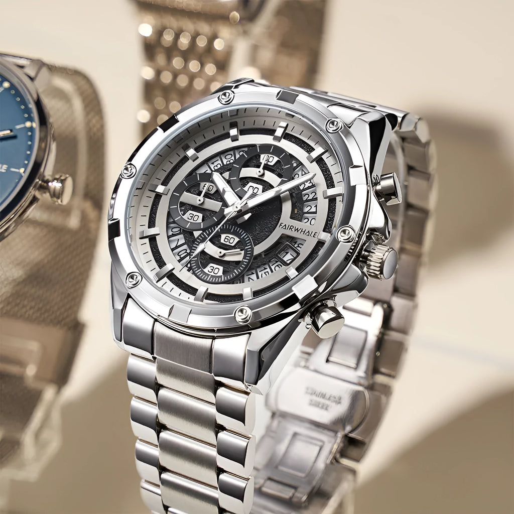 Men's stainless steel casual watch with luminous hands and waterproof design, shown in black and blue colour variant.