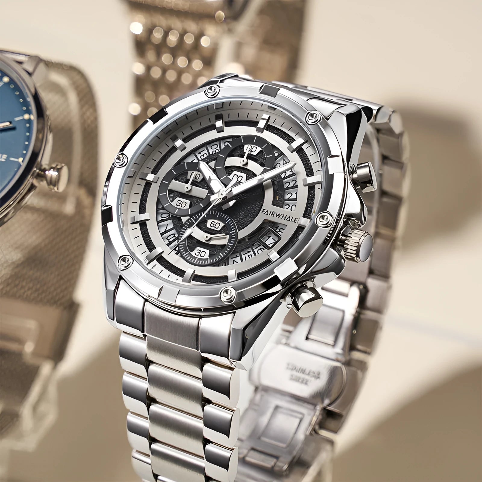 Men's stainless steel casual watch with luminous hands and waterproof design, shown in black and blue colour variant.