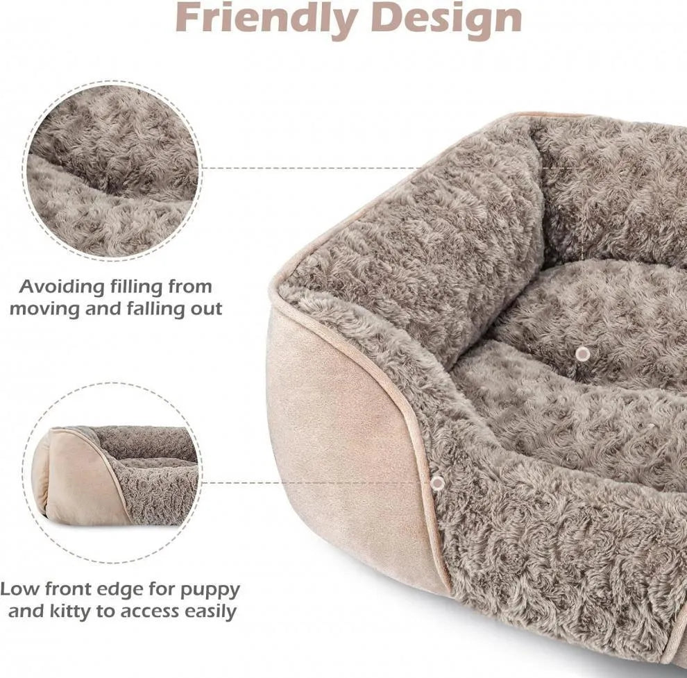 Golden retriever print plush pet kennel bed with raised sides, shown in beige colour.