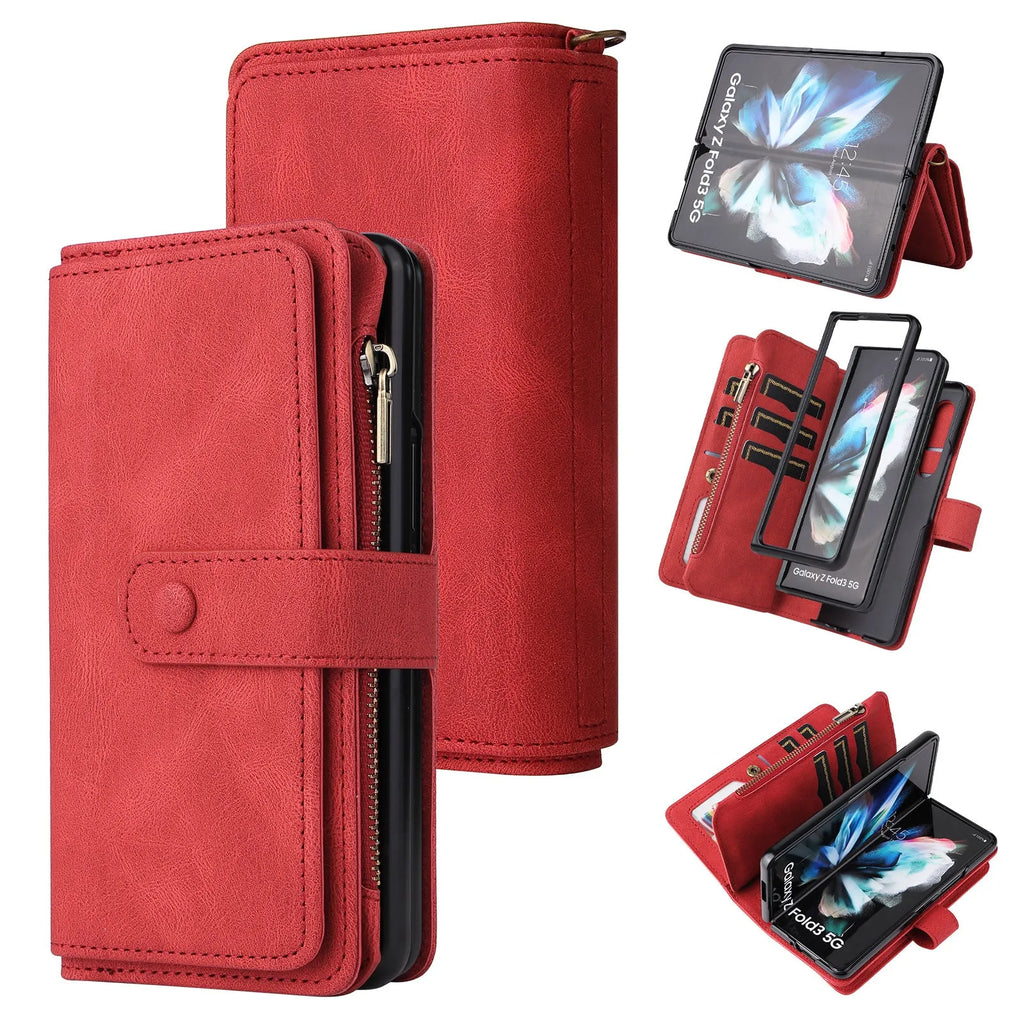 Z Fold 4 wallet case in pink, black, red or blue with zipper, flip bracket and PU TPU cover