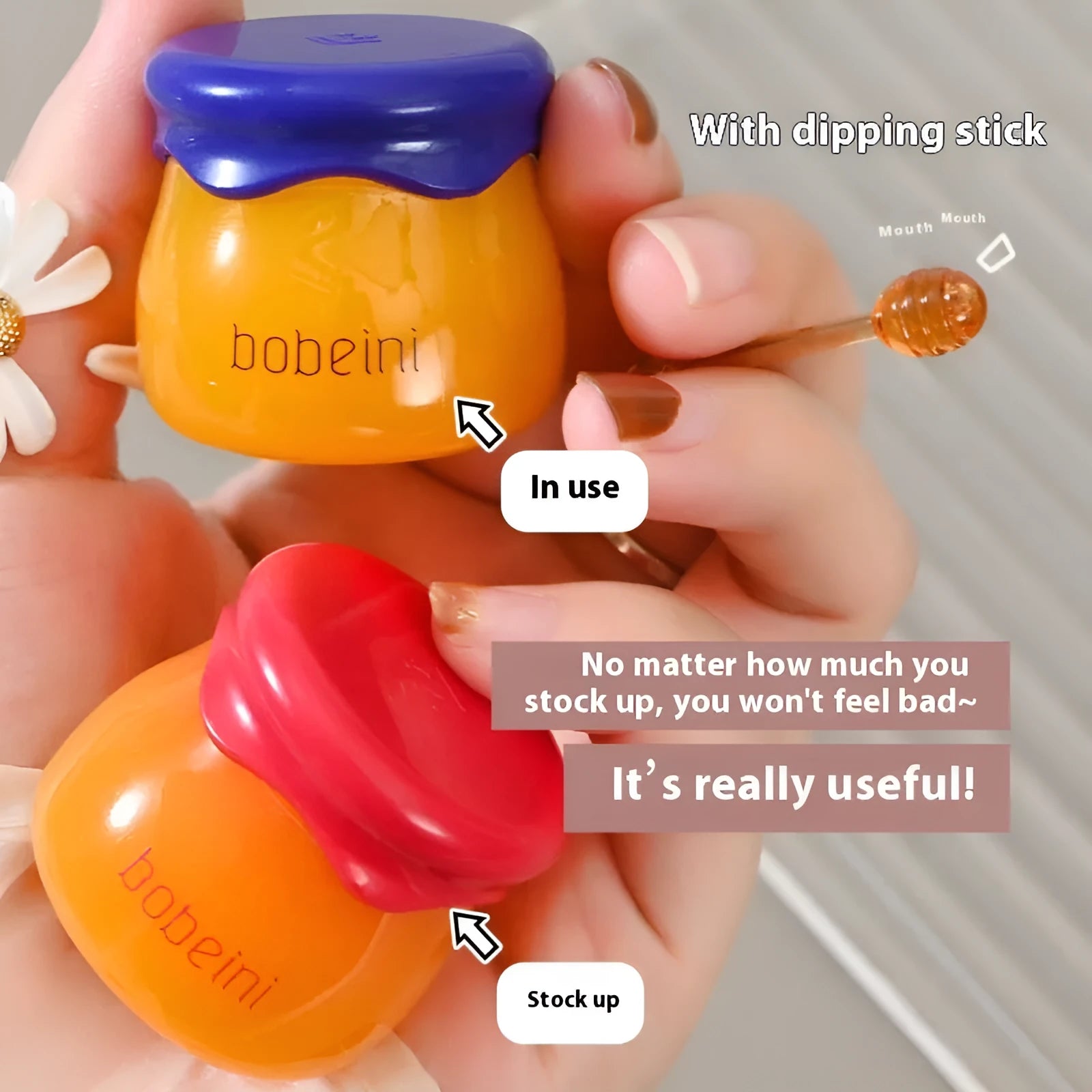 Vaseline lip balm pot in pomegranate or blueberry flavour with small application brush