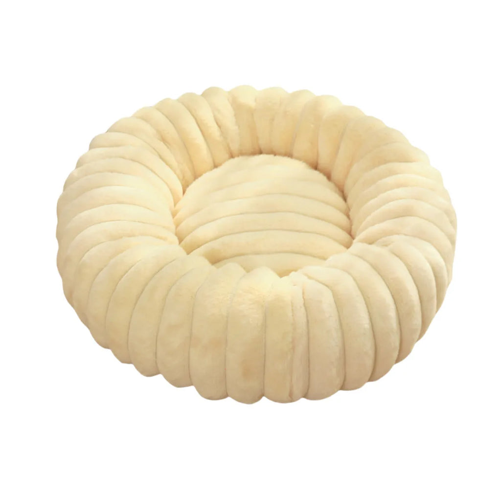 Round straight rabbit plush pet bed mat in beige colour, shown in a large size.