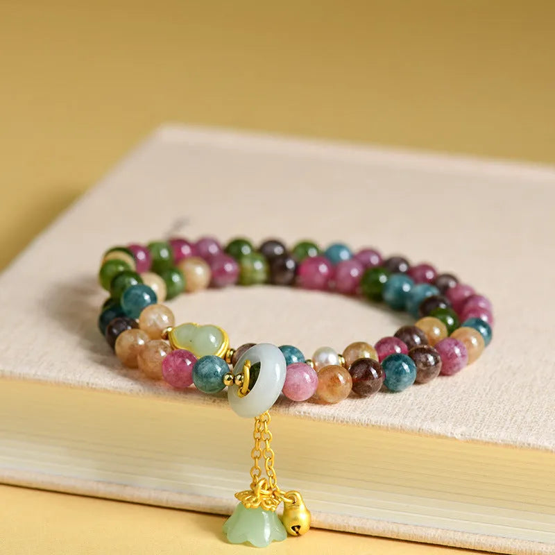 Chalcedony double circle bracelet with 6-6.5mm beads in a geometric design.