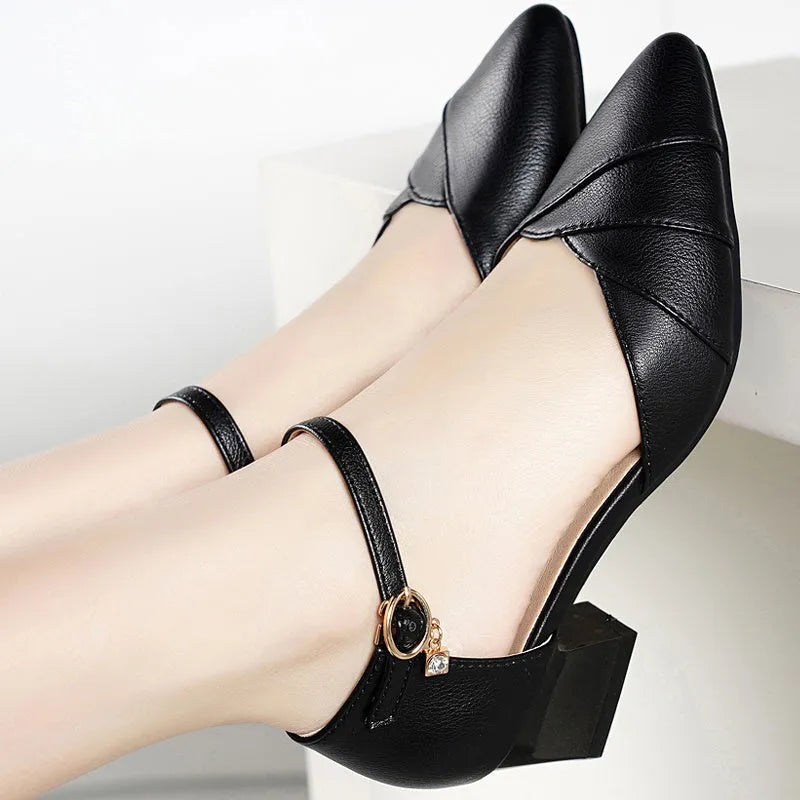 Women's elegant square toe high heel sandals with buckle in apricot and black colours.