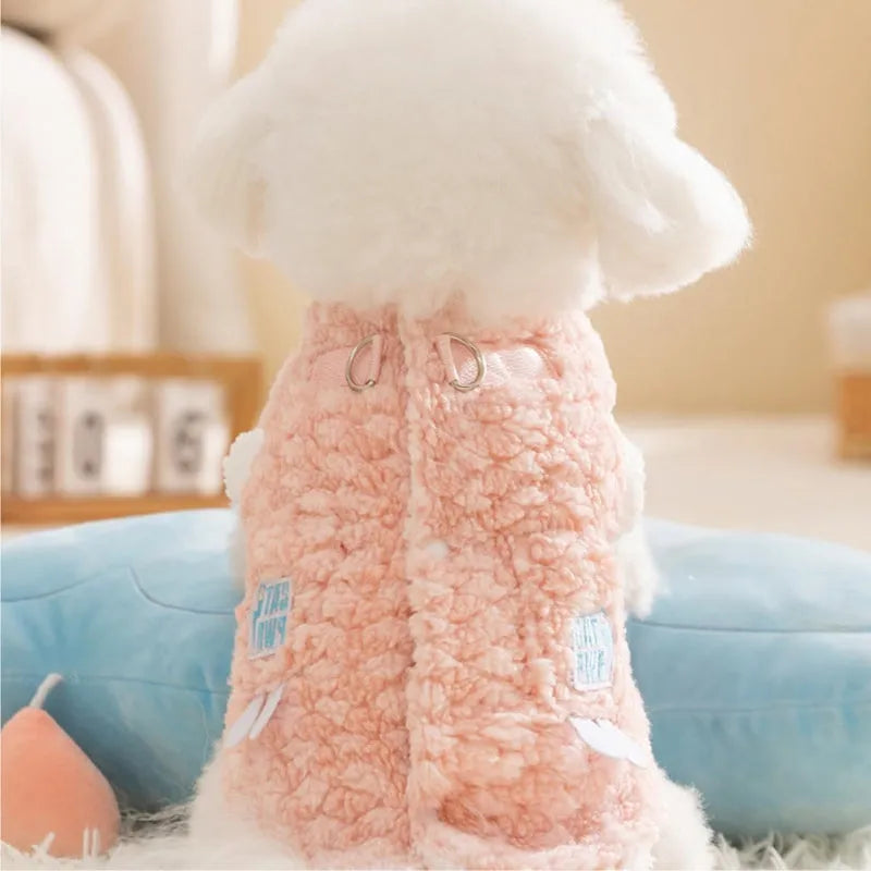 Grey winter dog coat with fleece lining, patches design, and D-ring for small medium dogs