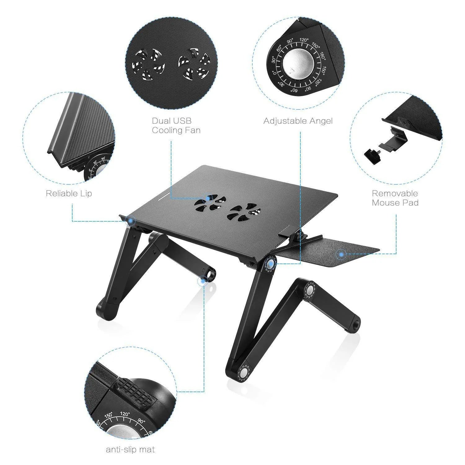 Folding aluminium notebook cooling base with double fan in black colour