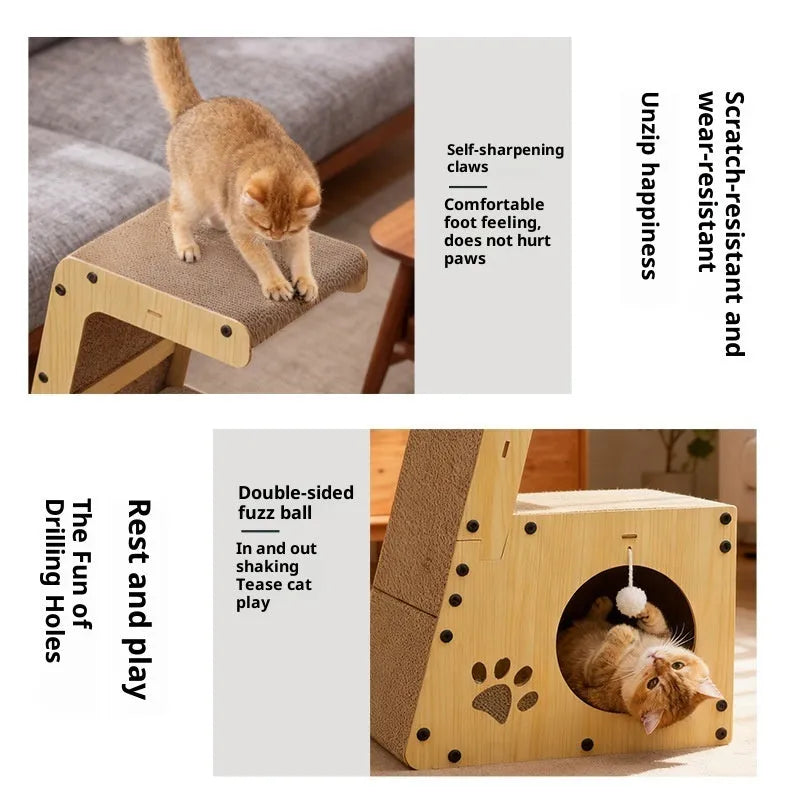 All-in-one corrugated paper cat scratcher and bed with MDF frame, simple style, and replacement core option