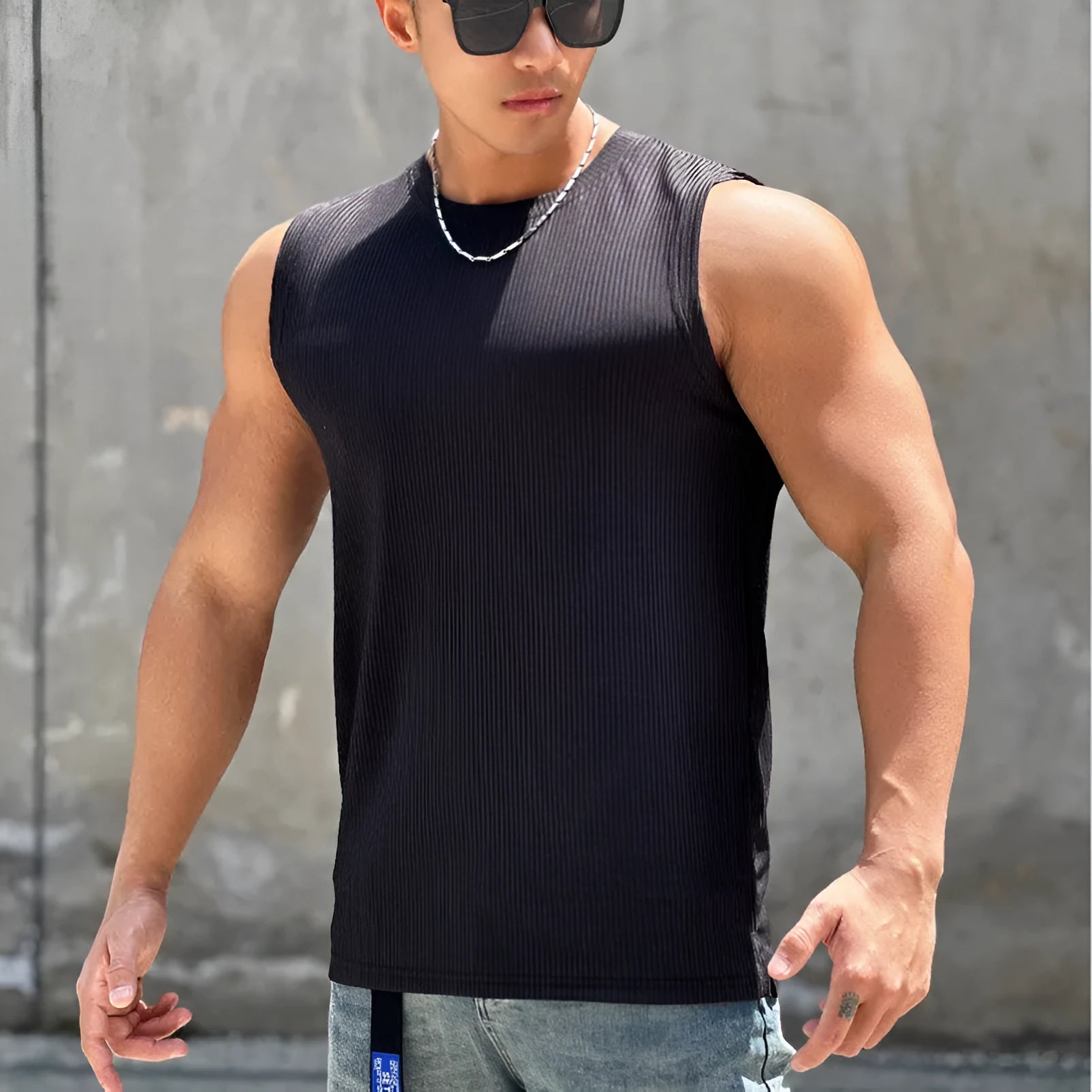 Men's quick-dry sleeveless round-neck workout vest in sky blue, polyester blend for basketball and running