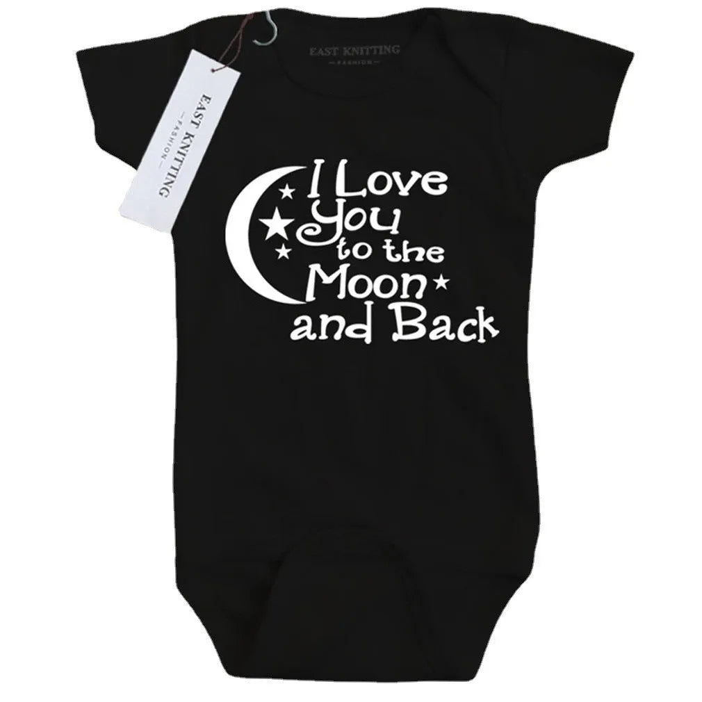 Baby boys black polyester romper with moon, star and letter print, short sleeves, triangle climbing style