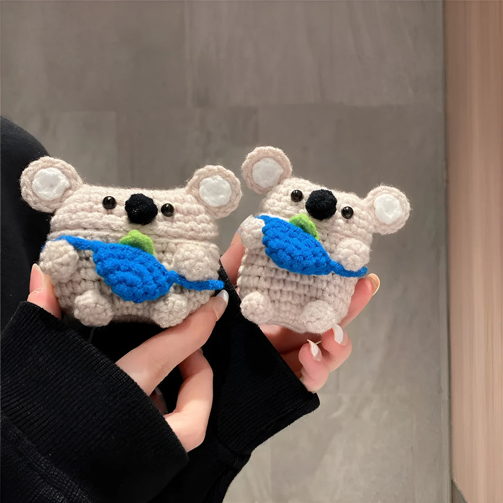 Hand-knitted koala bear backpack design protective cover for Apple AirPods charging case.