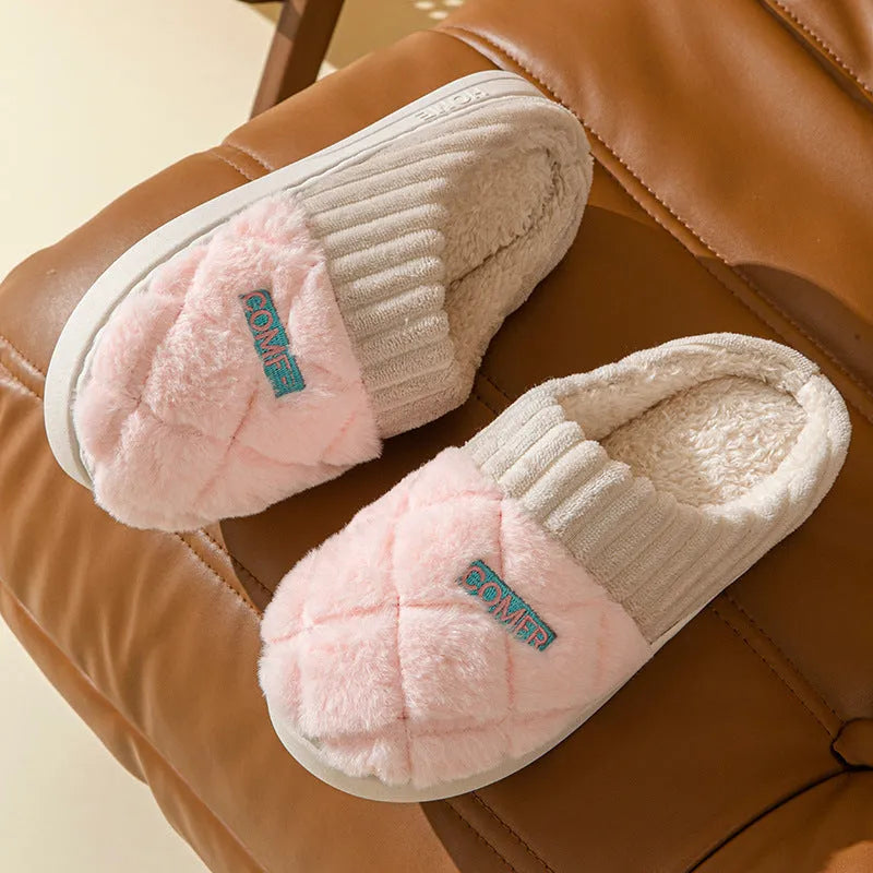 Solid rhombic letter home slippers in thickened artificial plush with EVA non-slip sole and car stitching detail