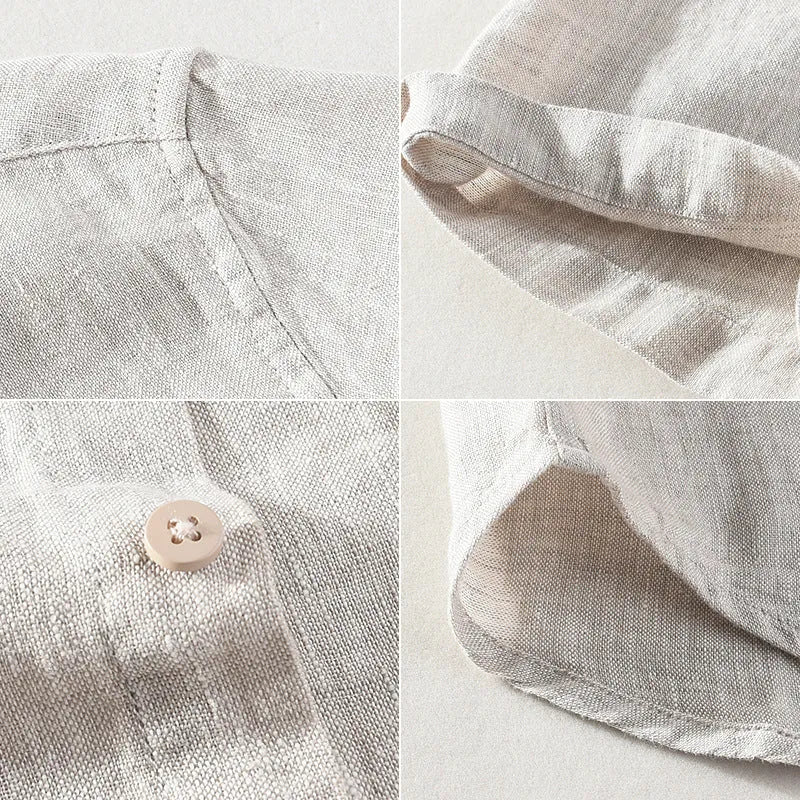 Men's linen short sleeve shirt with square collar in raw jute or grey colour options