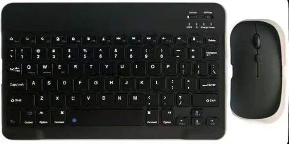 10-inch compact Bluetooth keyboard and wireless mouse in a solid colour on a desk.