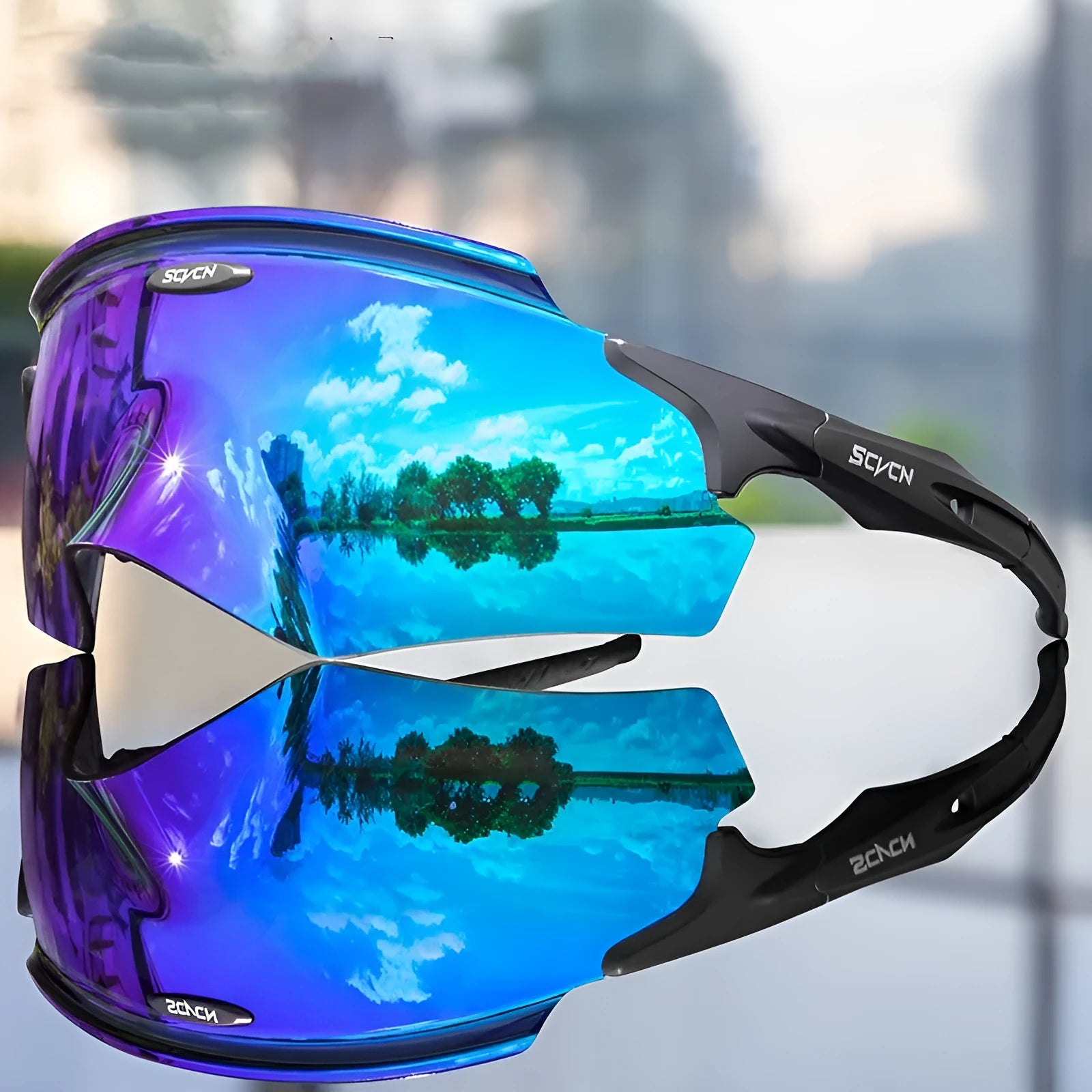 Frameless windproof sports goggles with a colourful single lens for athletic use.