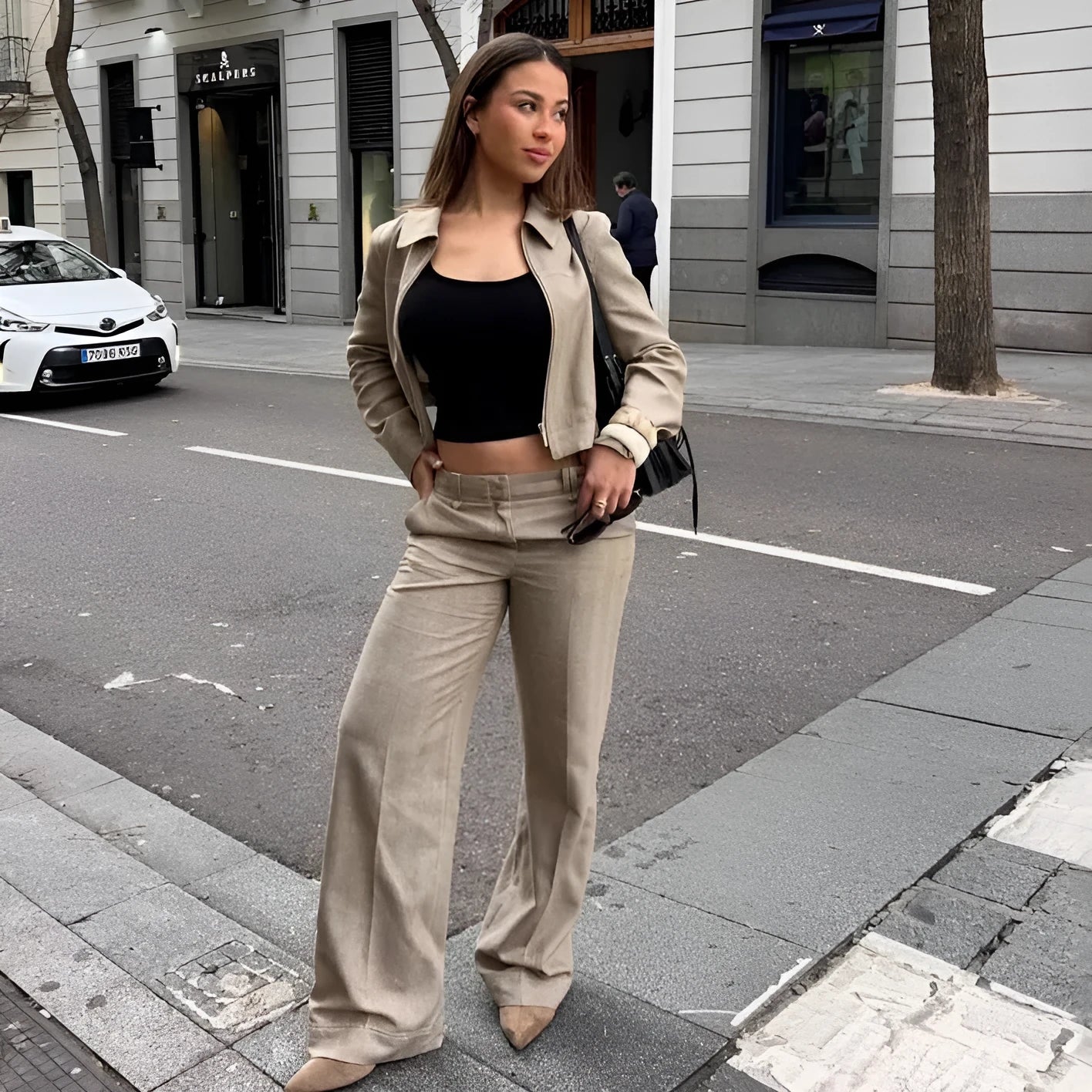 Women's herringbone pattern casual suit set with long sleeve jacket and straight-leg trousers