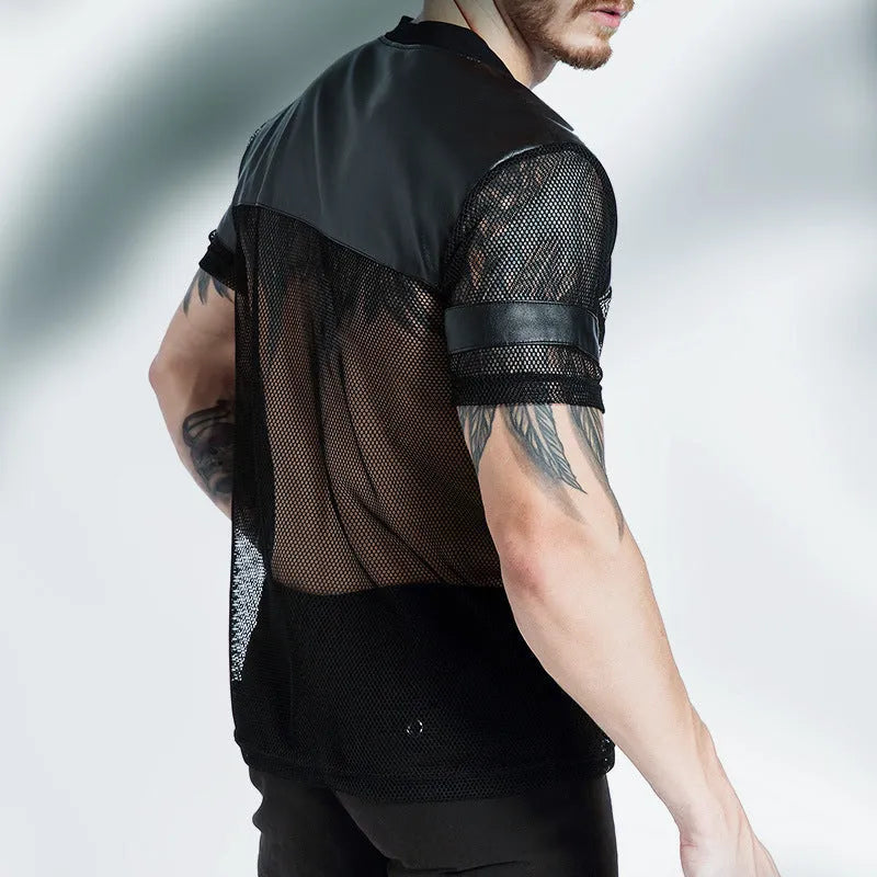 Black men's V-neck polyester sports t-shirt with mesh stitching detail on a hanger.