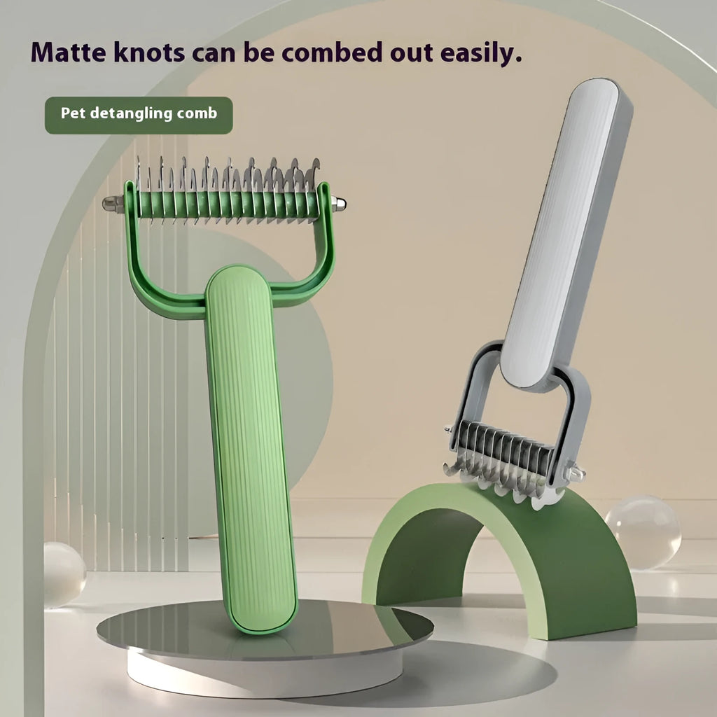 Green and grey dog de-matting combs in two sizes with stainless steel blades.