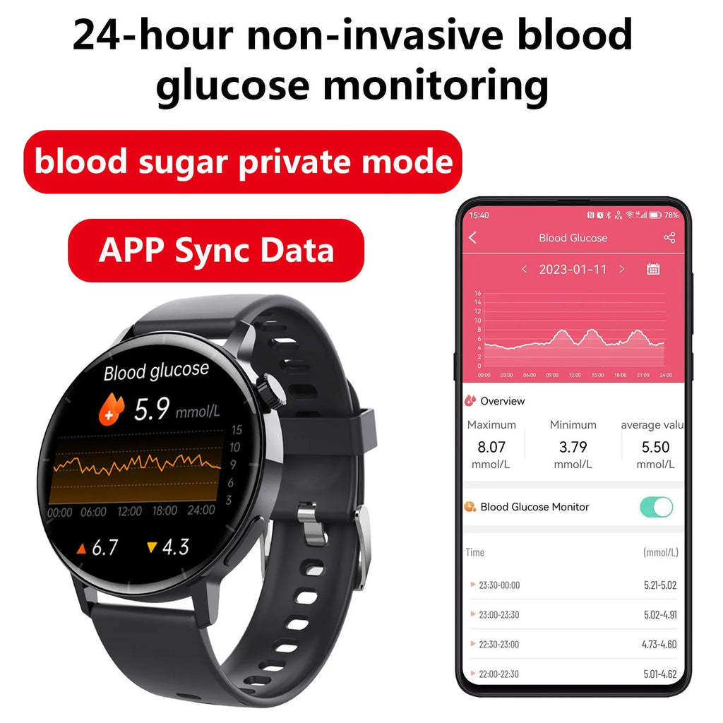 F67S smart watch with blood glucose monitoring on wrist showing touch screen display