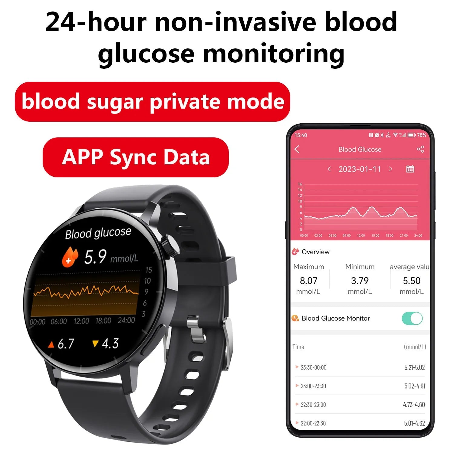 F67S smart watch with blood glucose monitoring on wrist showing touch screen display