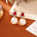 High-grade ruby pearl stud earrings with real gold plating, round shape, available in green and red for women