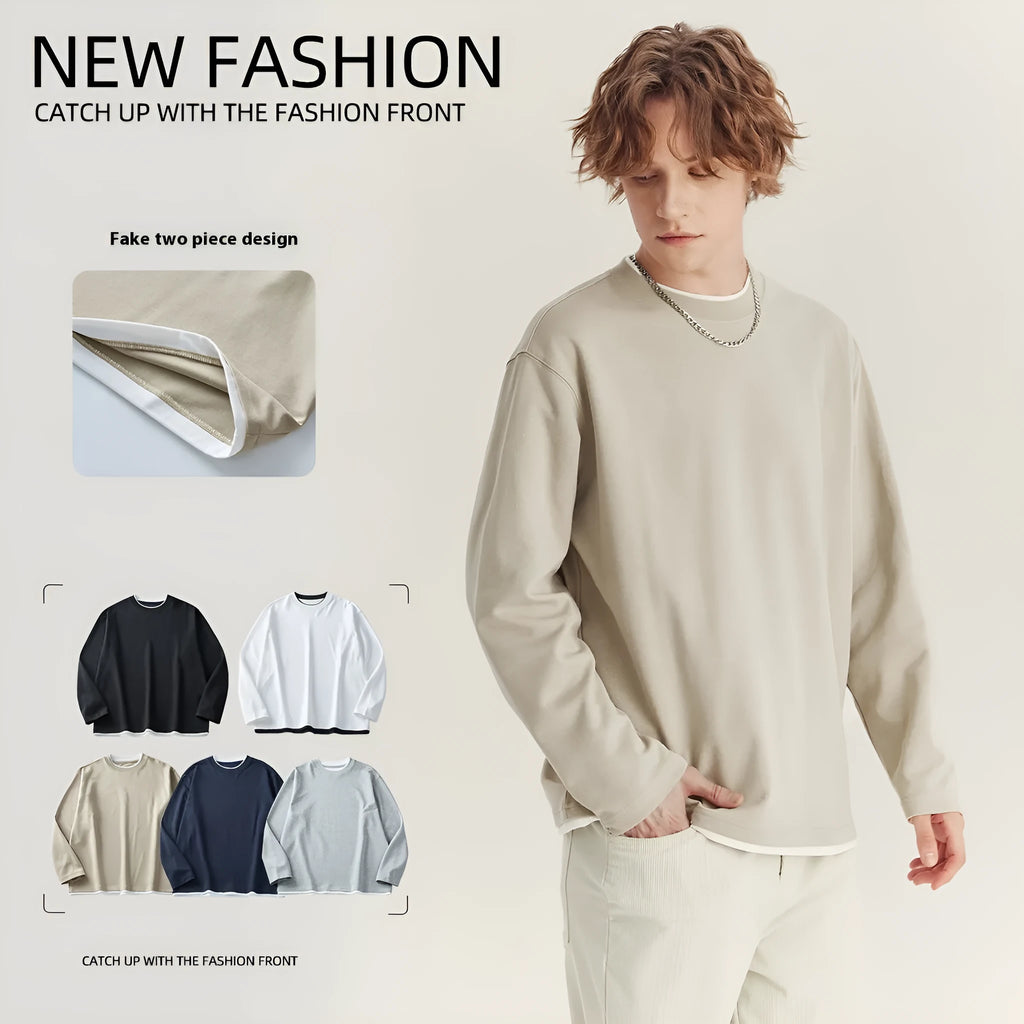 Men's loose fit long-sleeved cotton blend T-shirt in solid colour with round neck