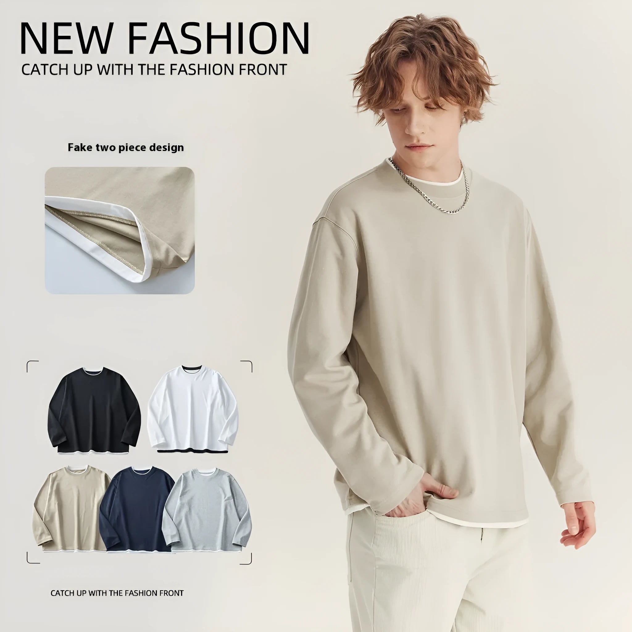 Men's loose fit long-sleeved cotton blend T-shirt in solid colour with round neck