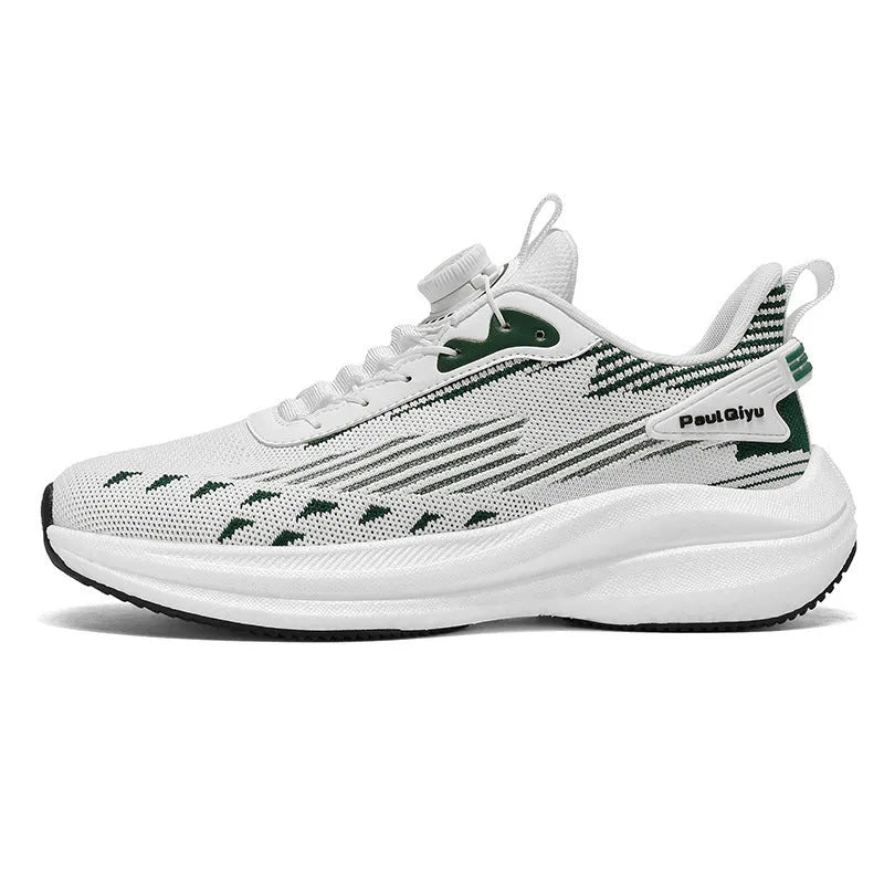 Men's low-top running shoes in white and green with Fly-knit mesh upper, rotating buckle, and TPU sole.