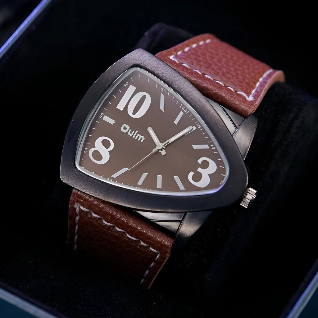 Men's casual quartz watch with triangle belt strap, shown in brown, black, and blue colour options.