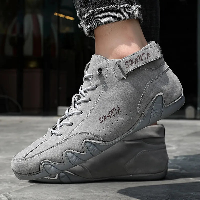 Men's solid colour mid-calf Martin boots with leather lining and rubber sole in black, gray, and khaki